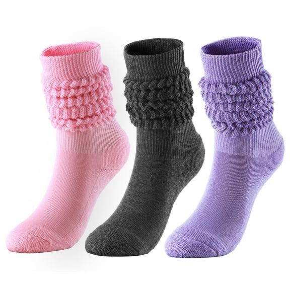 Womens Purple Frilly Crew Socks 3-Pair, Ruffle Mid-Calf Casual Everyday Socks, One Size Fits Most 5-9, 100% Polyester,Size Free Size