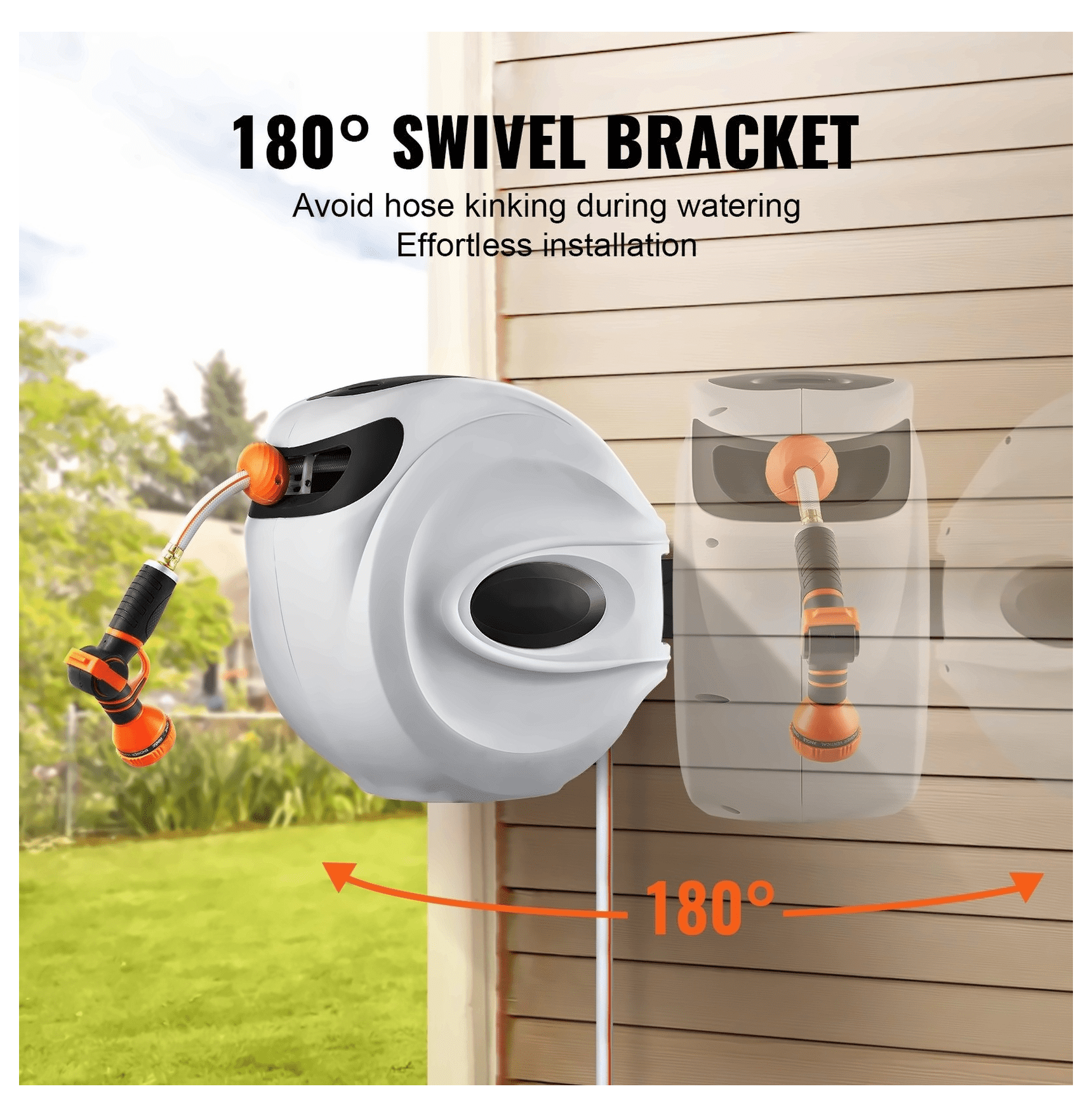 Hose Reel Retractable 65ft Water Hose Reel Wall Mounted 180° Swivel Heavy Duty Garden Hose Reel Kit for Yard Lawn Irrigation Outdoor Use