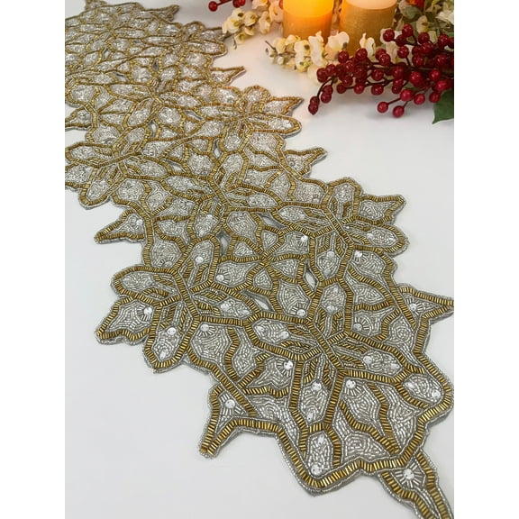 Handmade table runner, beaded table runner, gold and clear silver bead runner, 13x36inch