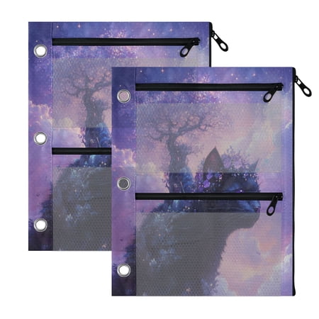 Wobogo Black Cat Goblin 3 Ring Binder Pencil Pouch 2 Pack Zipper Binder Pencil Case with Clear Window for Classroom Office Supplies