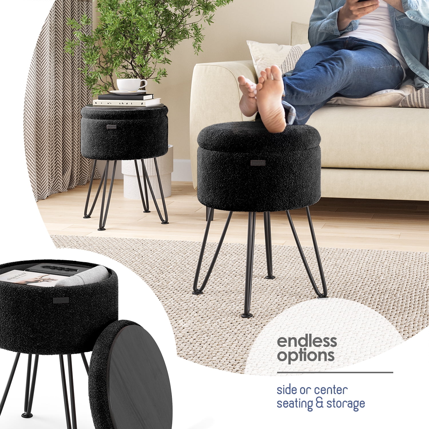 Hearth & Harbor Round Ottoman with Storage, Luxurious Foot Stool and Chic Vanity Stool with Storage, Elegant Boucle Black