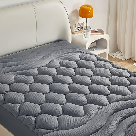 SONIVE Cooling Mattress Pad - Quilted Fitted Noiseless Mattress Cover Soft and Fluffy Mattress Protector Down Alternative Fill Mattress Topper with 8-21"" Deep Pocket (Grey Queen)