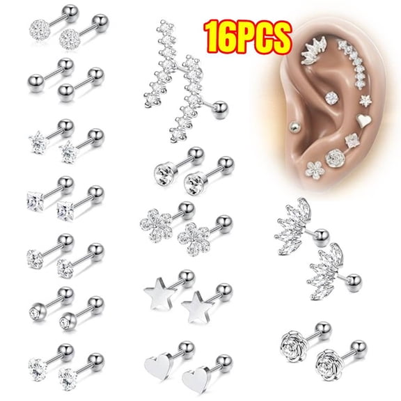 16 Gauge Cartilage Earrings, Flat Back Earrings-Cartilage Earring Stacks- Steel Earrings for Sensitive Ears - Stainless Steel Flatback Stud Hoop Earring Sets