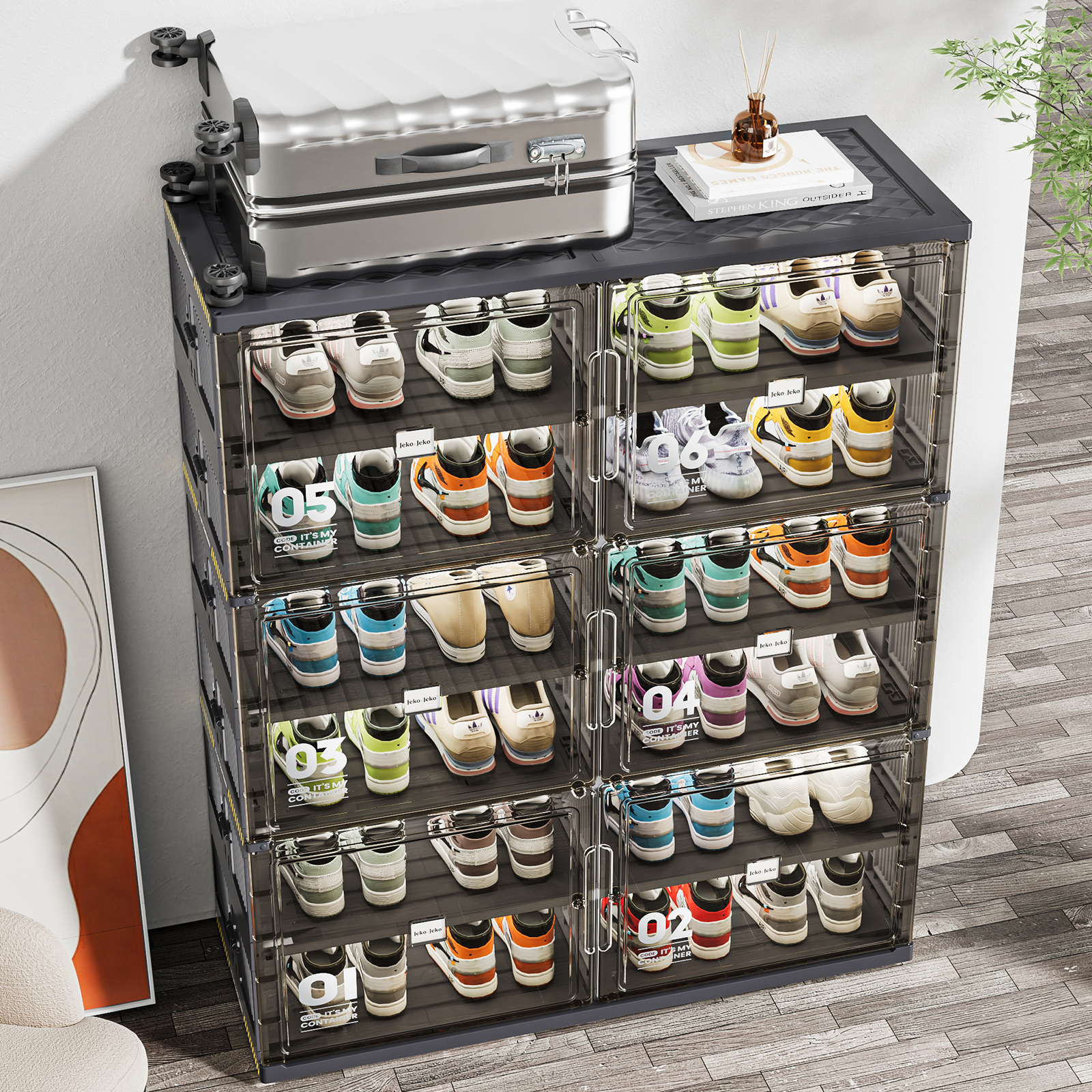 JEKO&JEKO 10-Tier Double Column Foldable Shoe Storage Rack with Magnetic Doors, Black