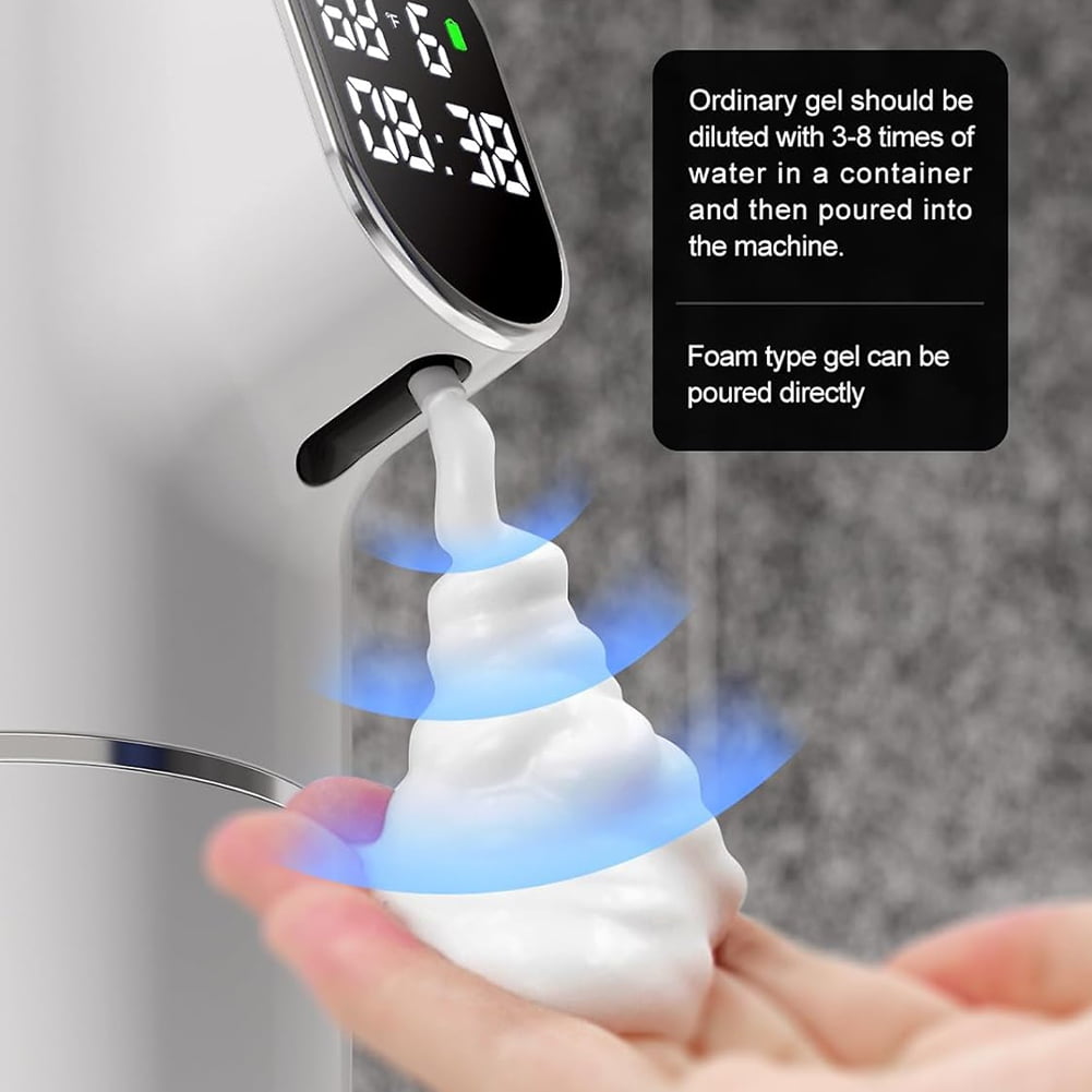Automatic Soap Dispenser 5-Level Adjustment IPX6 Water- Foam Soap Dispenser LED Time and Temperature Display ABS White