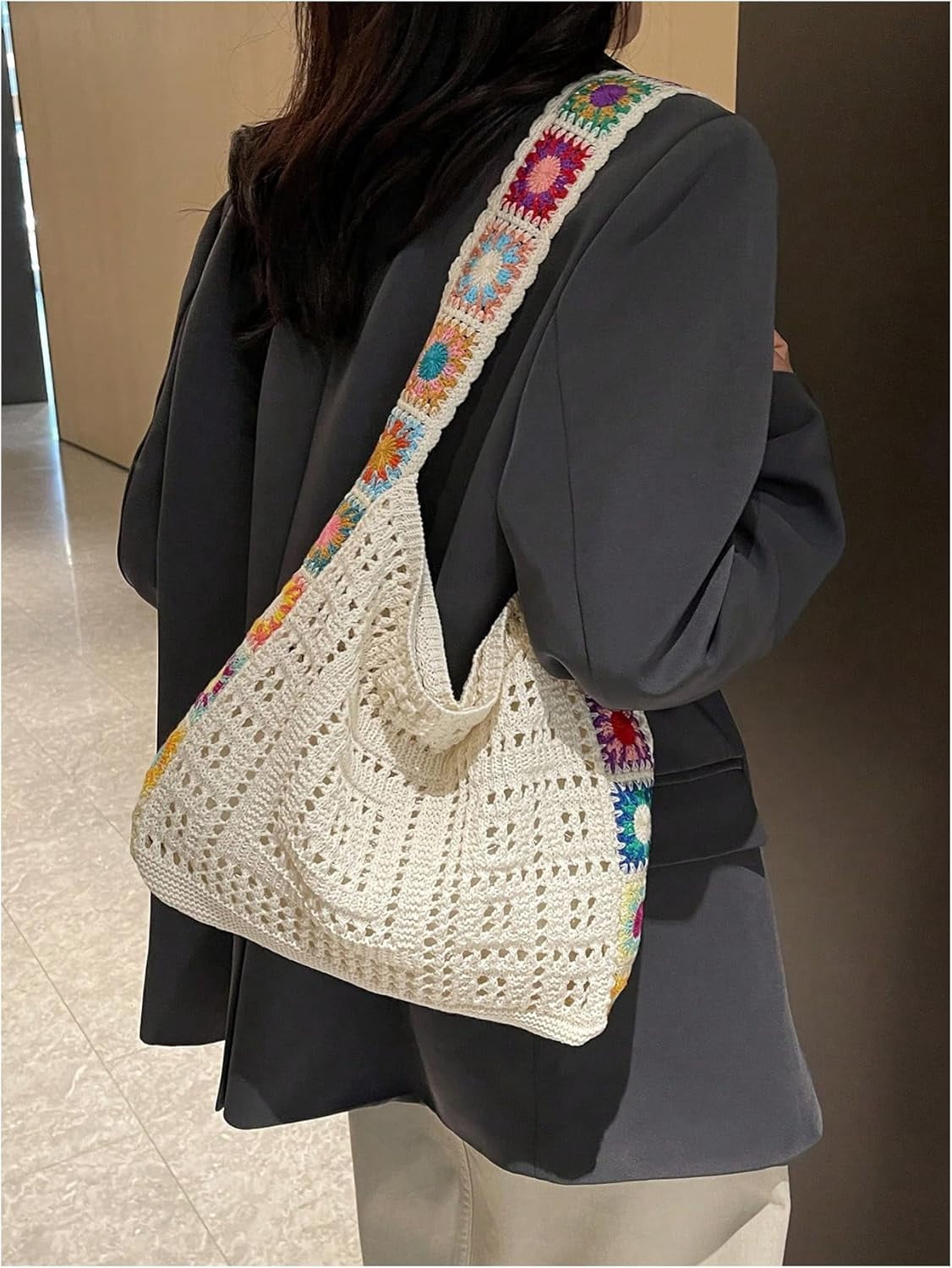 CAILDANL Women's Boho Embroidery Crossbody Bag Hollow Out Crochet Knit Shoulder Bag Tote Handbag