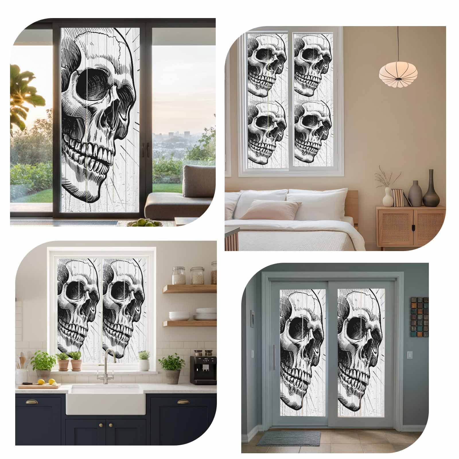 Horror Skull Window Privacy Film, Black Skeleton Spooky Halloween Static Cling UV Sun Blocking Heat Control Window Tint Day and Night, Non-Adhesive One Way Windows Privacy Cover 17.7''x78.7''