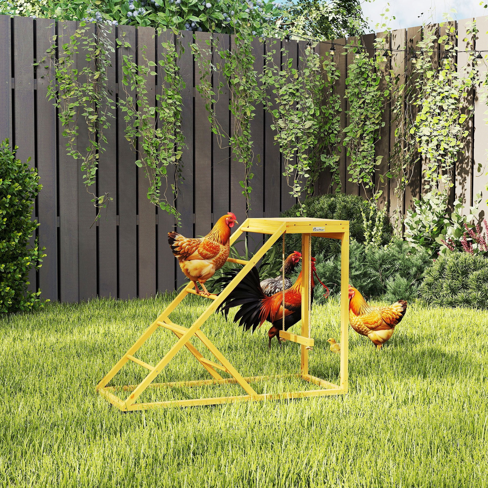 Chicken Activity Play for Healthy & Happy Animals, Swing Set with Chicken Perches & Hen Ladder, Chicken Coop Toy, Yellow