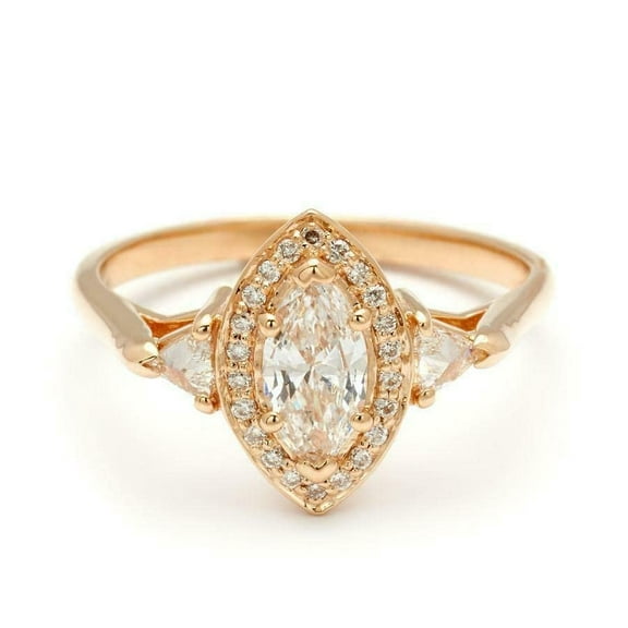 HeartsAndYou 1.5ct Marquise Cut Moissanite Engagement Ring for Women 18k Yellow Gold Over Silver Halo Trilogy