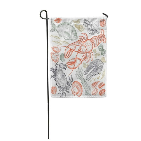 POGLIP Seafood Fish Shrimp Crab Lobster Octopus Mollusks Sushi Color White Vintage Garden Flag Decorative Flag House Banner 28x40 inch