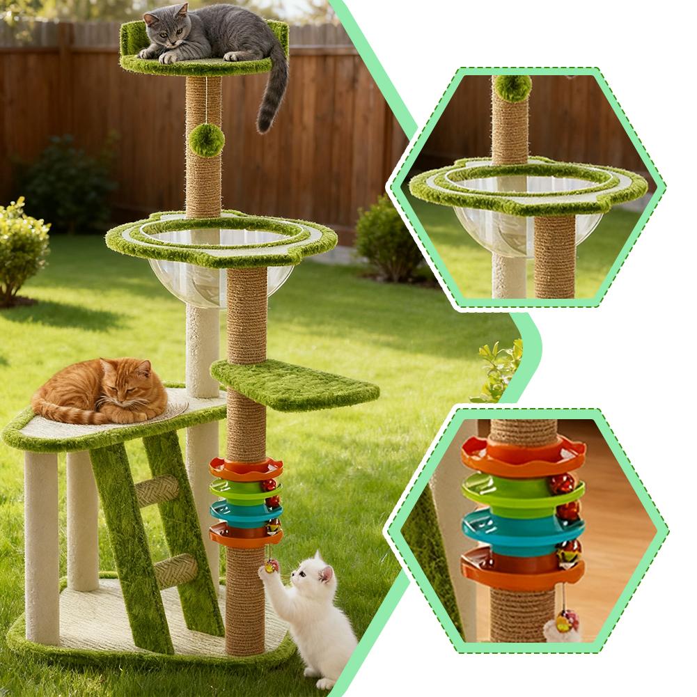 46in Cat Tree Tower, 3 Level Green Style Cat Tree, with Stairs, Cat Sleep Bowl, Small Cat Ball Rolling Toy, and Scratching Post, Multifunction Cat Tree