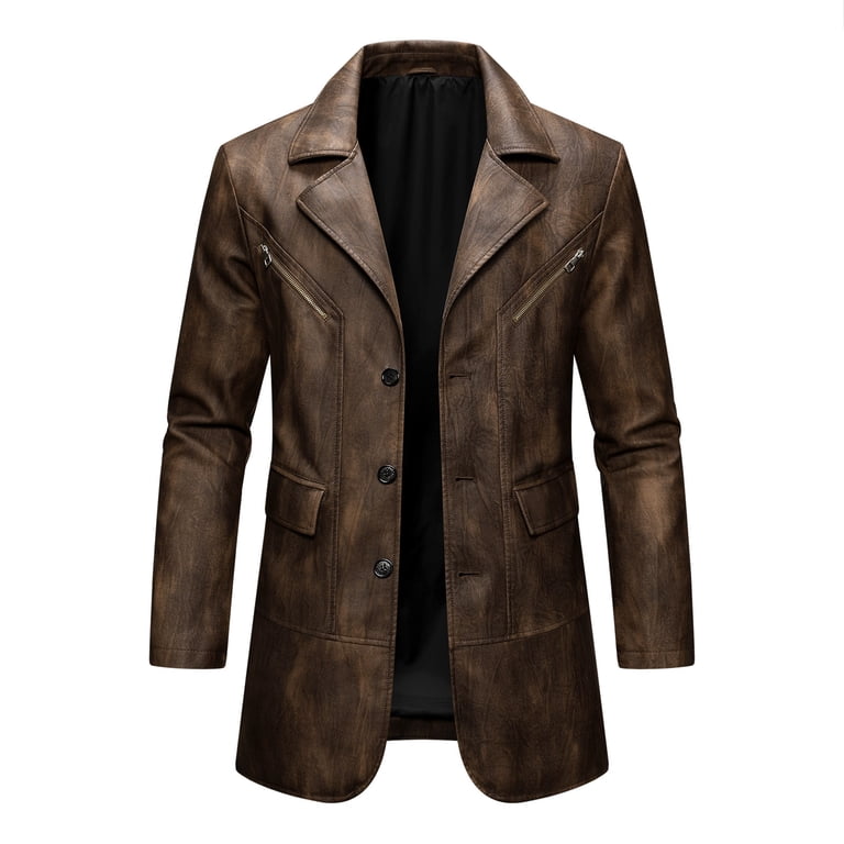 Dolkfu Brown Men Jacket Faux Leather Distressed Windbreaker
