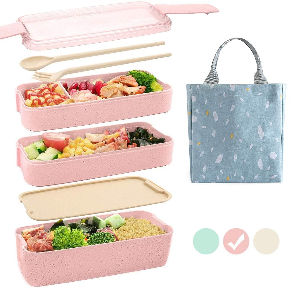 3-in-1 Compartment Wheat Straw for Kids and Adults Bento Japanese Box Lunch Box Spoon Eco-Friendly Bento Lunch Box Meal Prep Containers with Fork Dividers 