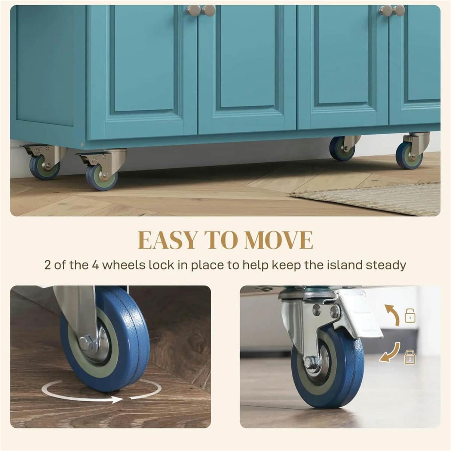 Demi Bonn 57" Rolling Kitchen Island with Drop Leaf, Mobile Cart in Rubber Wood, 2 Drawers & 2 Cabinets, Island Table for Kitchen & Dining, Blue