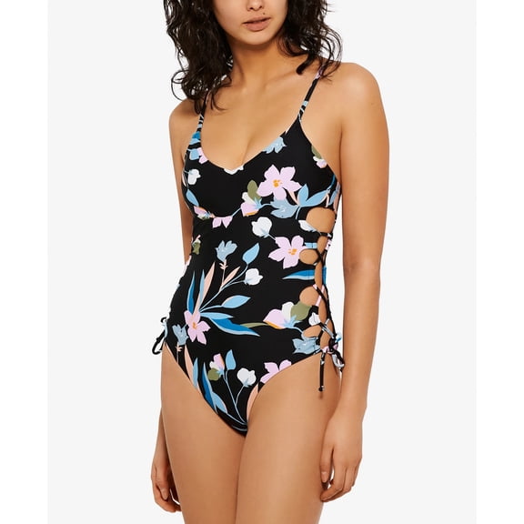 Hula Honey BLACK MULTI Flourishing Floral Lace-up One-Piece Swimsuit, US X-Large