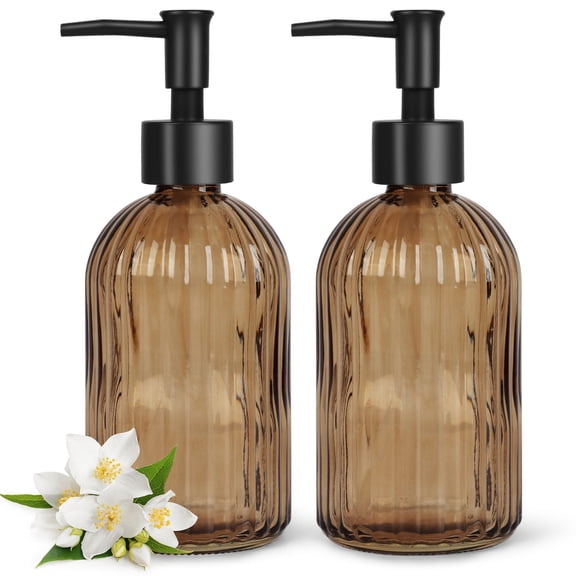 2Pack 13 Oz Glass Soap Dispenser , Manual Pump Dispenser,Empty Liquid Container, Refillable Hand Soap Dispenser , Premium Bathroom soap Dispenser for Kitchen & Bathroom , Amber