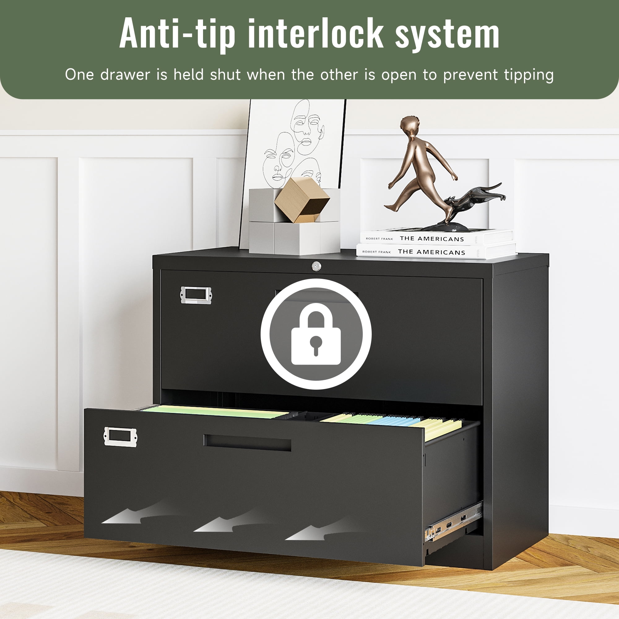 AUHUP 2 Drawer File Cabinet with Lock, Metal Lateral Filing Storage Cabinet Fits Letter/Legal/F4/A4 Size, File Cabinets for Home Office (Black-Assembly Required)