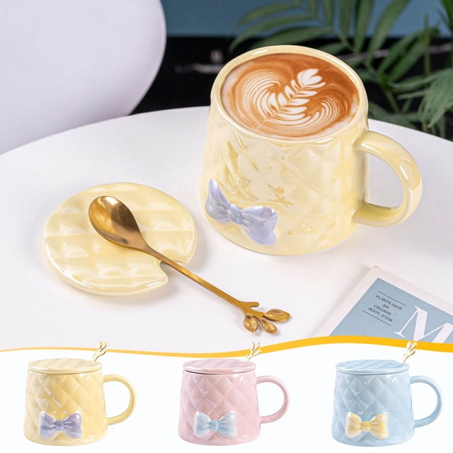 Taza de café Bowknot de cerámica de 350 ml, taza de té con mango y cuchara, porcelana resistente a altas temperaturas, lindo regalo para el hogar o la oficina, apto para lavavajillas