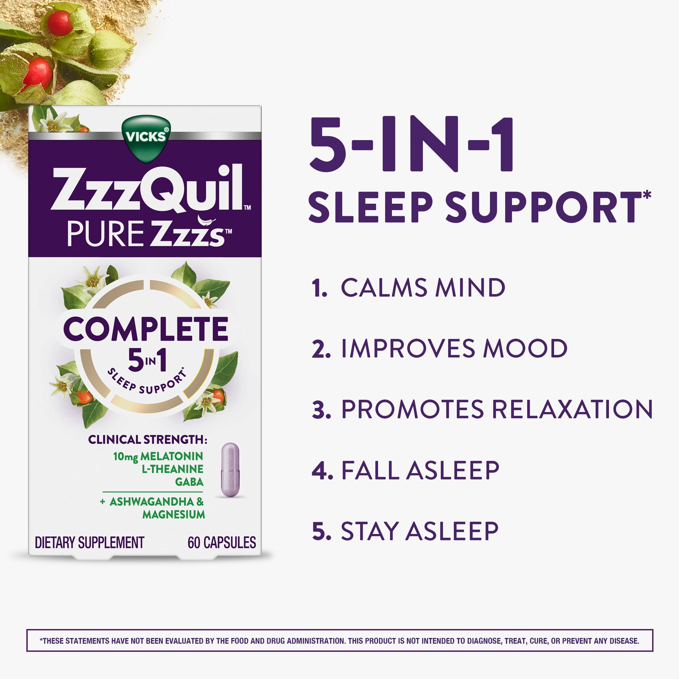 ZzzQuil PURE Zzzs Complete Sleep, Melatonin 10mg, L-Theanine, GABA