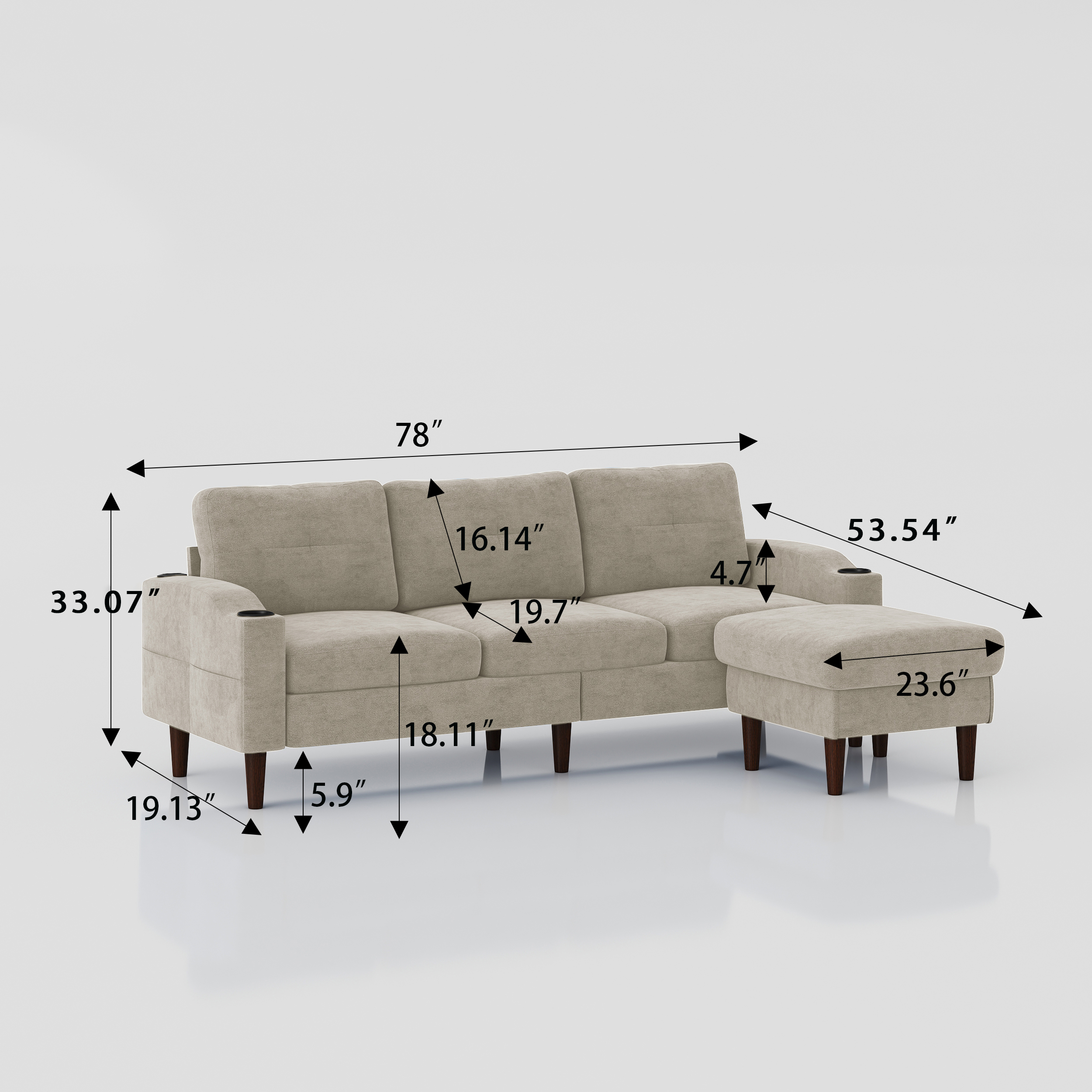 Aukfa Modular L-Shaped 3-Seater Sectional Sofa with Storage Ottoman, USB Ports and Cup Holders, 78" Couch for Living Room, Beige