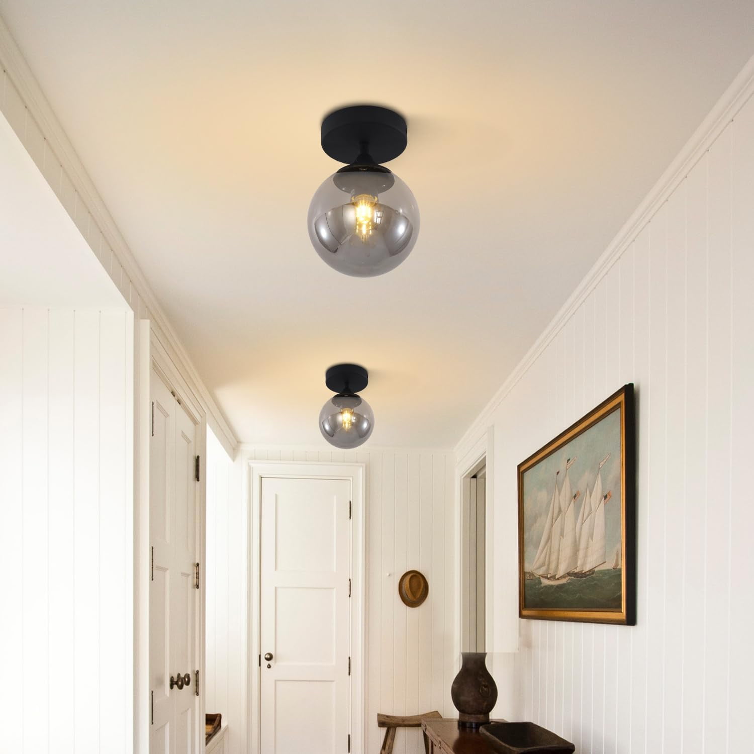 KCO Lighting Mid Century Modern Black Ceiling Light, Smoke Grey Glass Ceiling Light, Industrial Hallway Close to Ceiling Lights