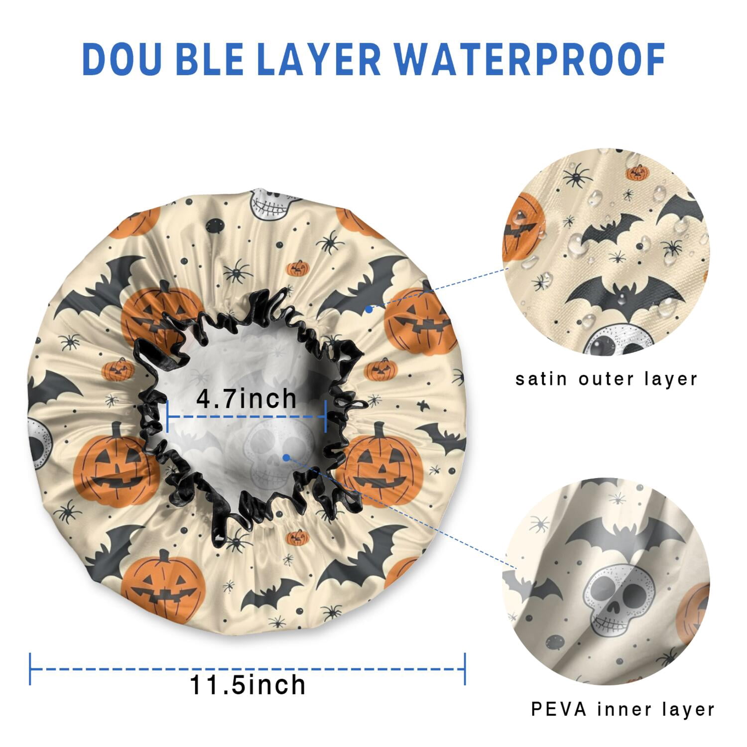 Shower Caps,Halloween Pumpkins Bats Skulls and Spiders Waterproof Shower Cap for Women 4 Pieces,Double Reusable Hair Cover for Shower PEVA Elastic Stretch Hem