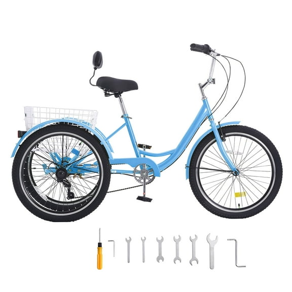 KFFKFF Adult Tricycle, 7-Speed 20-Inch Three-Wheeled Bicycle, Carbon Steel Cruiser with Basket and Adjustable Seat, Ideal for Shopping, Picnics, and Daily Use for Seniors, Women, and Men (Blue)