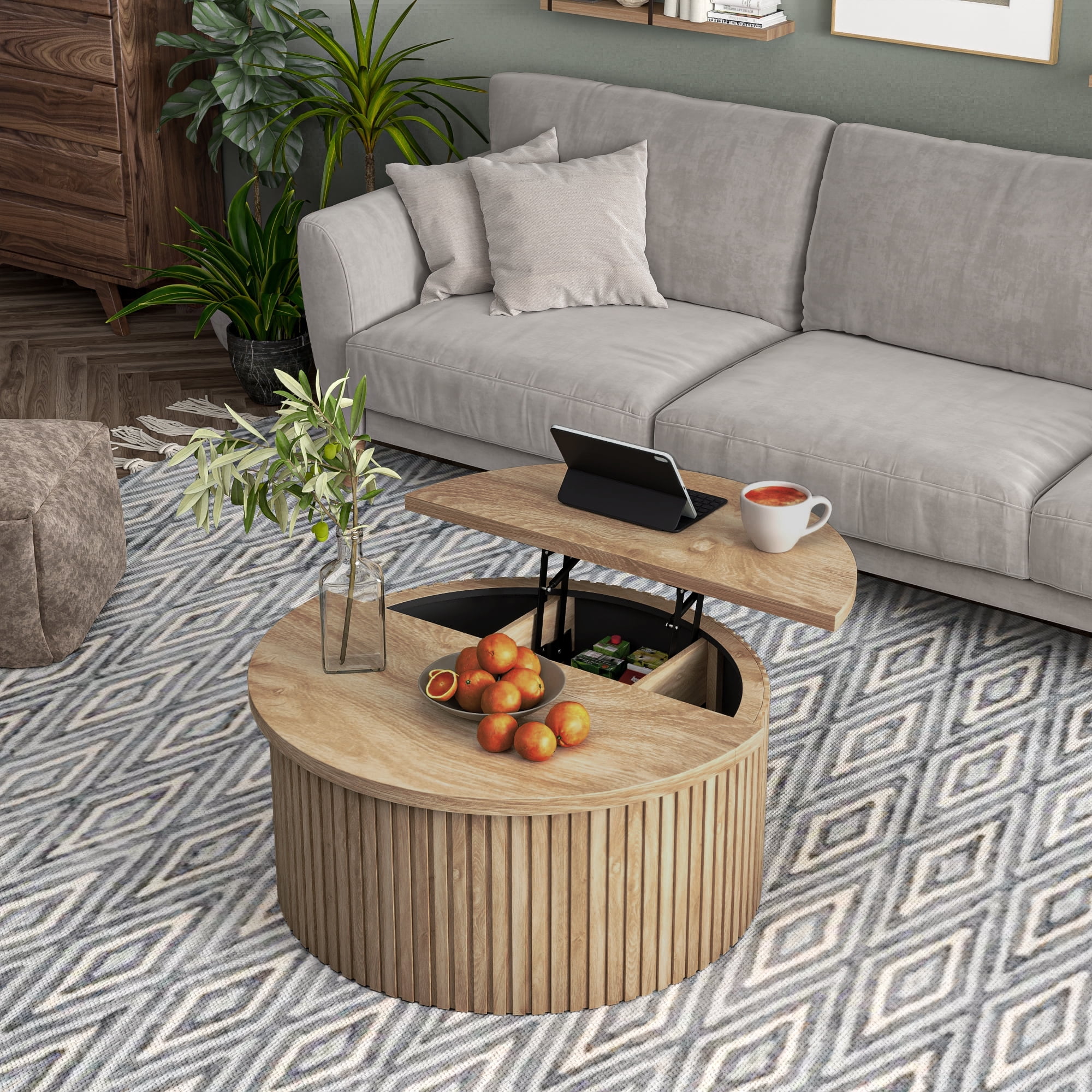 Round Coffee Tables for Living Room, Lift Top Coffee Table with Storage, Round Wood Center Table