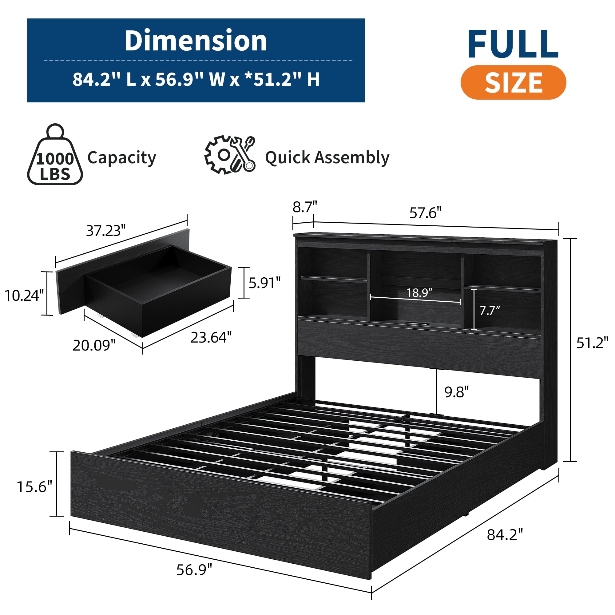 Full Size Bed Frame with Storage Headboard, Metal Frame Platform Bed, Built-in Charging Station, No Box Spring Needed, Noise-Free