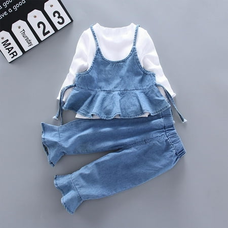 

NAISIBABY Toddler Girls Outfit Sets Ruffled Vest with Long Sleeve Tops Flared Pants Cute 3-Piece Sets Blue 2T