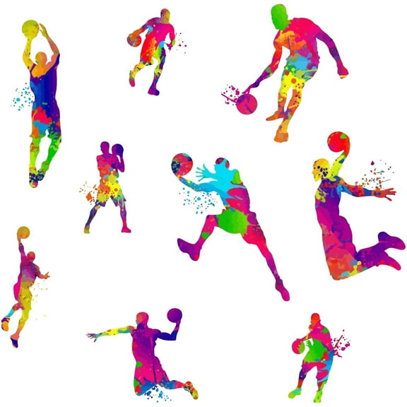 9PCS Basketball Player Dunk Wall Stickers Watercolor Sports Player Silhouette Decals Peel Stick Wall Decor Art Murals for Boys Teens Room Playroom Nursery Classroom Wall Decoration