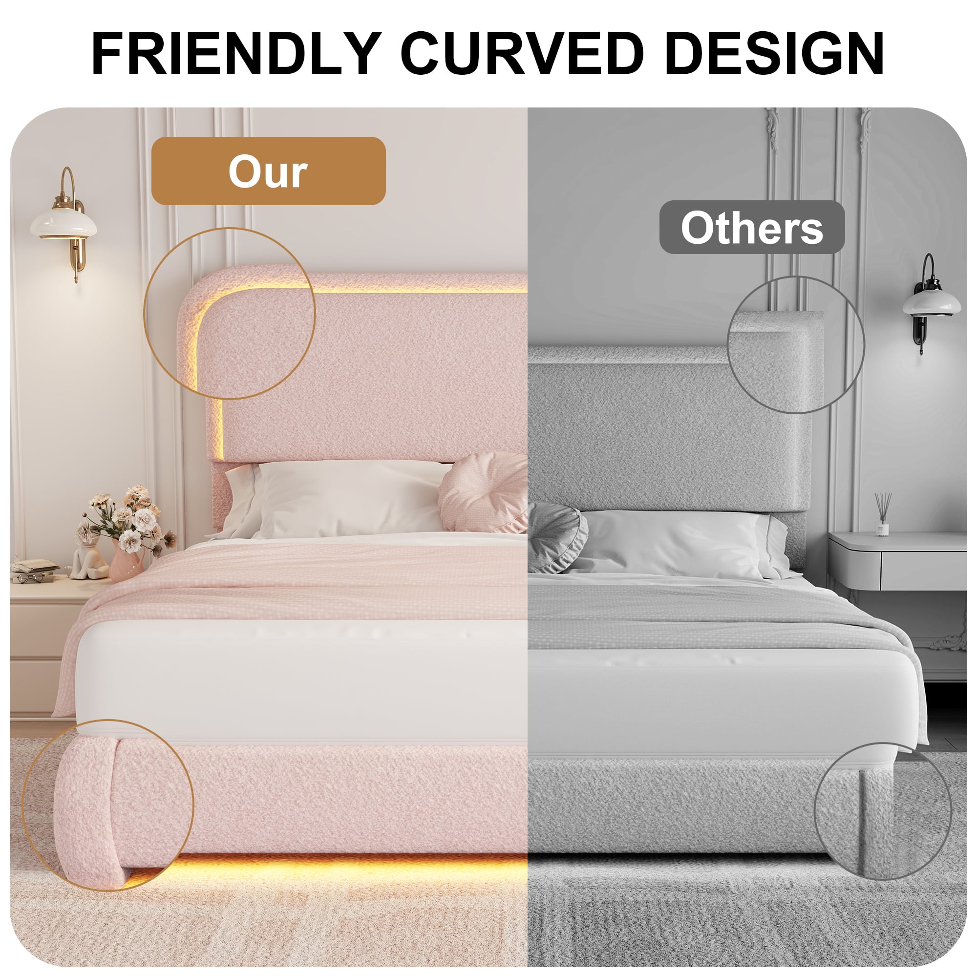 SIBEDS Queen LED Bed Frame, Teddy Fleece Upholstered Platform Bedframe, No Box Spring Needed, Pink