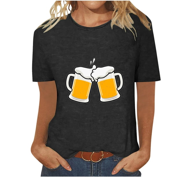 Tops Cortos para Mujeres, Oktoberfest Casual Impreso Cuello Redondo Manga Corta Camiseta Top Hecho de Poliéster para la Primavera Verano Uso Diario, Camisetas Casuales de Mujer