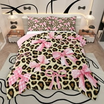 Manfei Watercolor Bowknot Teens Bedding Comforter Set, Fashion Leopard Cheetah Print Twin Comforter Sets, Buffalo Ribbon Reversible Bedding Set, Lightweight Room Decor, 2-Piece