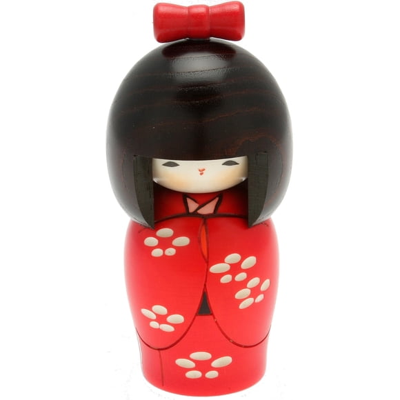 Muñeca Kokeshi Usaburo con Kimono Rojo de Yuki, Hecha a Mano en Madera
