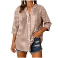 thumbnail image 4 of felwors Cotton 3/4 Sleeve Button Down Shirts for Women Gingham Plaid Striped Tops V Neck Casual Loose Blouse (Brown, XXL), 4 of 7