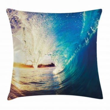 Ocean Throw Pillow Cushion Cover, Sunrise on Waves Surfer Perspective Surreal Coastal Charm Sports Lifestyle Scene, Decorative Square Accent Pillow Case, 16 X 16 Inches, Blue Pale Mauve, by Ambesonne
