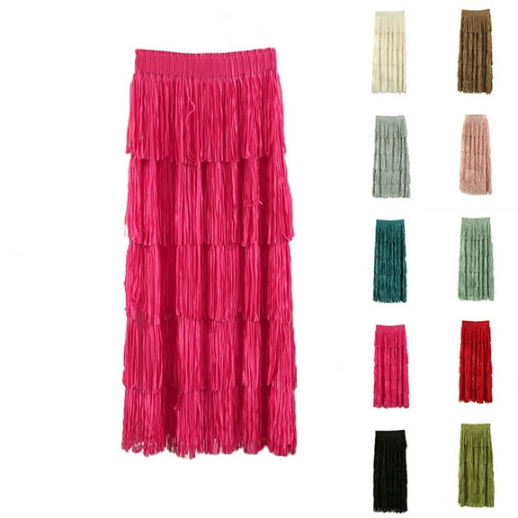 SMihono Women's Tassel High Waist Midi Skirts Solid Color Elegant Tiered Skirt Trendy A-Line Skirts Party Ankle Length Skirt Army Green 4-8