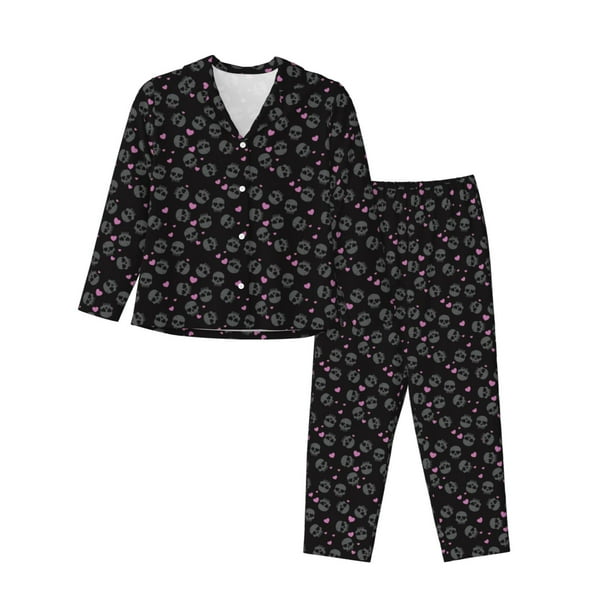 Balery Cool Skull Love Conjunto de Pijama con Estampado para Mujer, Conjunto de Dos Piezas con Manga Larga, Ropa de Dormir Suave con Bolsillos, Pijamas Cómodos-X-Large