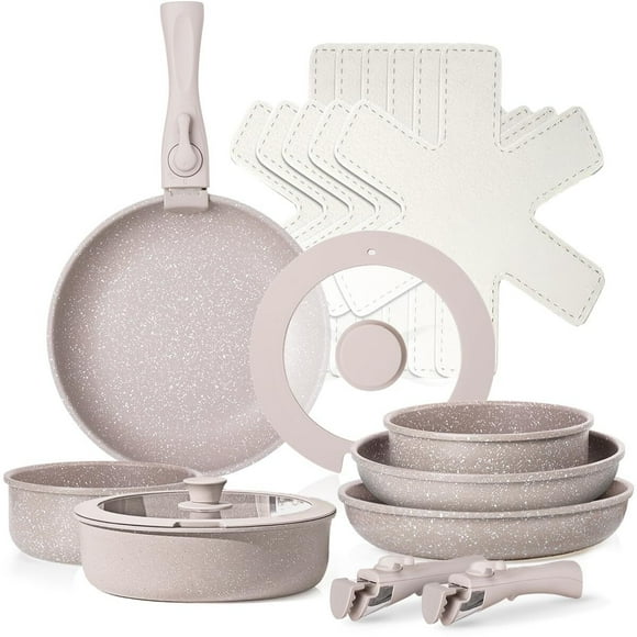 Juego de 16 Ollas y Sartenes con Mango Desmontables, Alta Antiadherente, Bateria de Cocina Con Tapas y Cojín, Sartén para Freír Apto para Lavaplatos, Cocina de Inducción y Horno