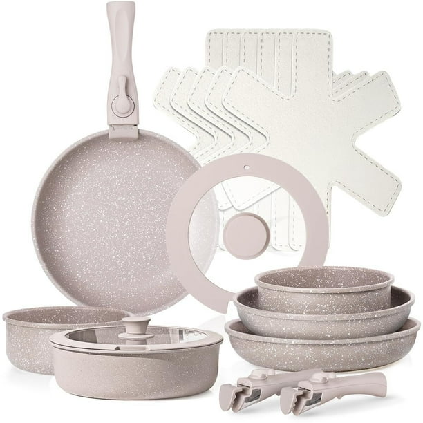 Juego de 16 Ollas y Sartenes con Mango Desmontables, Alta Antiadherente, Bateria de Cocina Con Tapas y Cojín, Sartén para Freír Apto para Lavaplatos, Cocina de Inducción y Horno