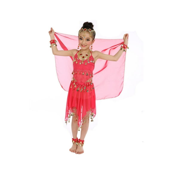 SUXIAN Handmade Children Girl Belly Dance Set Kids Belly Dancing Dance Cloth Performance Outfit for Kids Hot Pink One Size