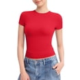thumbnail image 2 of DENGDENG Tunic Shirts for Women Casual Crew Neck Short Sleeve T Shirts Y2k Slim Fit Double Lined Tee Summer Basic Tops Going Out 2024 Red XXL, 2 of 7