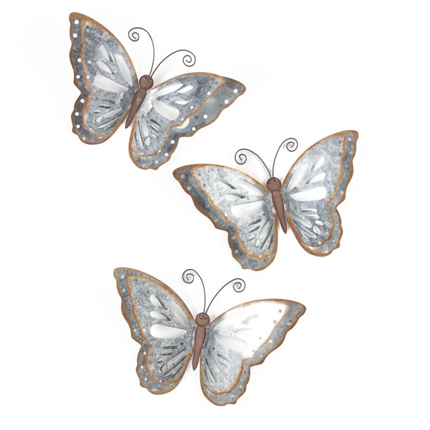 Metal Wall Butterflies 3d Art With Vintage Galvanized Look Set Of 3 Walmart Com Walmart Com