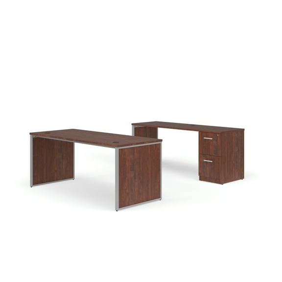 OFM Fulcrum Series Office Furniture Set, 72" Table Desk, 72" Credenza, Filing Cabinet, Leg Panels, in Cherry