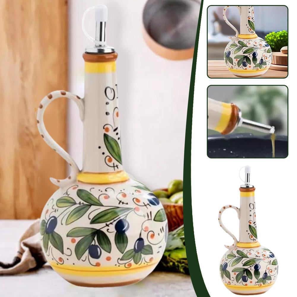 1-Pack Ceramic Olive Oil Dispenser Bottle, 23oz/680ml Hand Painted Italian Ceramic Bottle, Decorative Stoneware Dispenser with Spout for Oil, Vinegar, Coffee Syrup