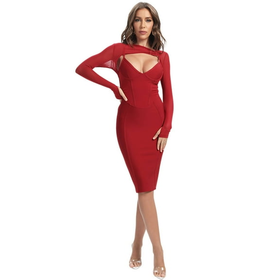 BEAUKEY Women's Sexy Mesh Bandage Dress V Neck Bodycon Long Sleeves Celebrity Club Hollow Party Knee Length Vestidos Red
