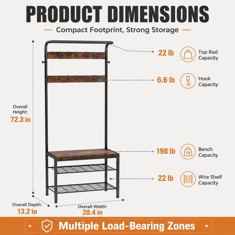 BEAUTYPEAK 5-in-1 Hall Tree 72"x28" Entryway Coat Rack with Shoe Bench Hanging Rod 10 Movable Hooks and 2-Tier Shoe Storage, Rust