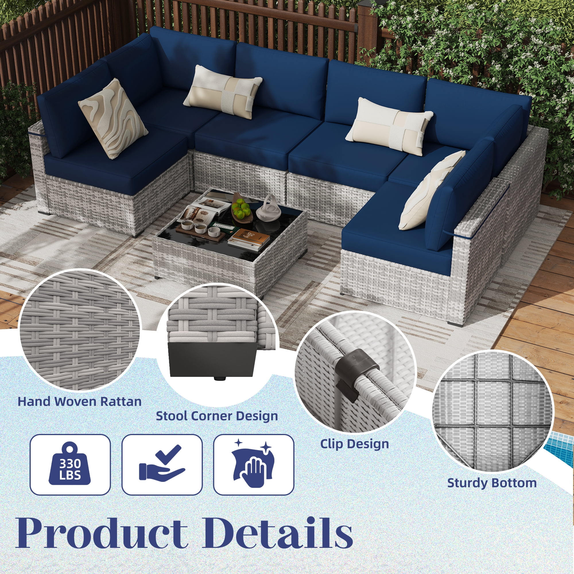 KIGOTY 7 Piece Outdoor Patio Furniture, Wicker Rattan Outdoor Conversation Set Sectional Sofas for Backyard, Garden, Gray-white Navy blue