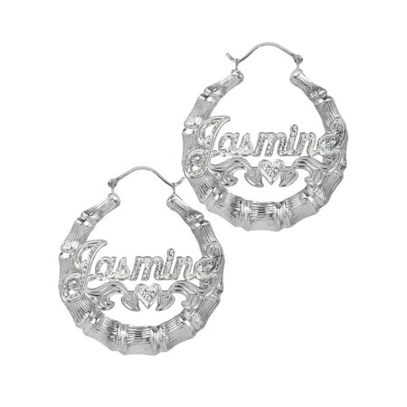 Sterling Silver or Gold Plated Personalized Bamboo Style Hoop Name Earrings with Beading and Rhodium All Over The Name and Heart on (Best Earring Backs For Heavy Earrings)